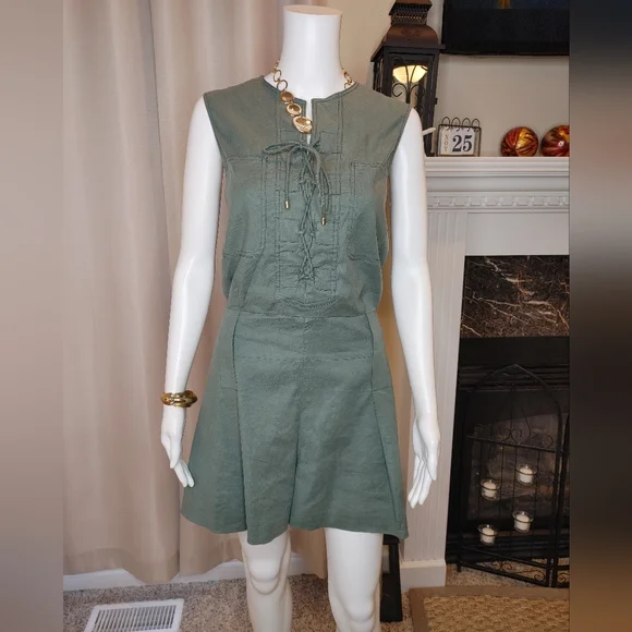 DEREK LAM 10 CROSBY Sleeveless Lace Up Romper in Army 6 - Picture 3 of 11